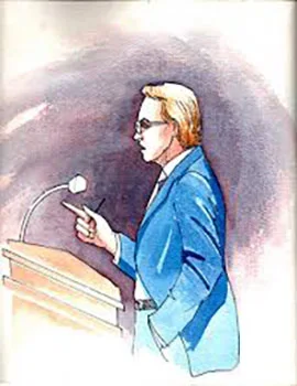 Courtroom illustration of John Furman speaking at a lectern